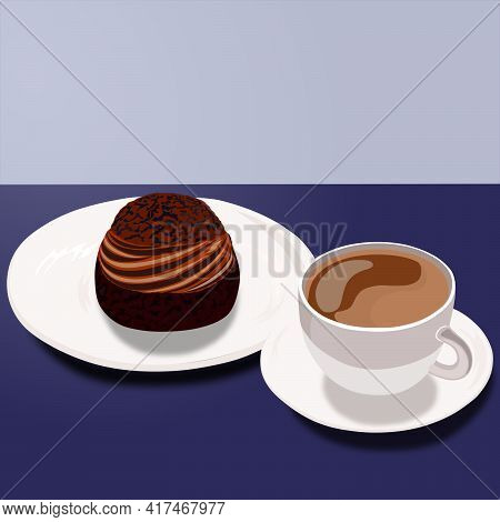 Hand Drawn Piece Of Layered Chocolate Cake With Icing And Shavings, Sketch Style Vector Illustration