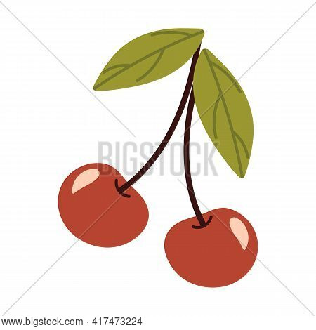Cherry With Stem And Leaves. Summer Ripe Berry. Cherry Red With A Green Leaf. Close Up On Isolated B