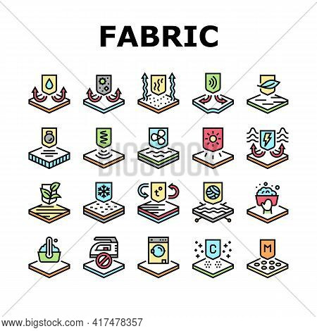Fabrics Properties Collection Icons Set Vector. Elastic And Stretched, Warm And Cool, Antibacterial 