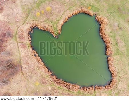 Small Scenic Lake In The Form Of Heart With Shores Overgrown With Reedmace In Cloudy Spring Day, Ver