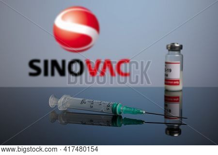 Krasnoyarsk, Russia. April 18, 2021. Sinovac Covid Vaccine Phial With Syringe Ready For Inoculation.