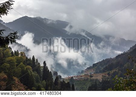 Cloudy Ayder Plateau Surrounded By Autumn Colors Near Rize, Turkey.