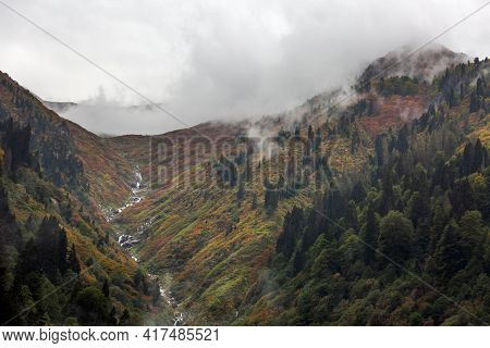 Ayder Plateau Natural Gelintulu Waterfall Surrounded By Autumn Colors Near Rize, Turkey.