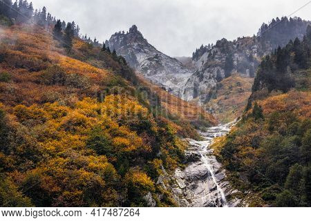 Ayder Plateau Natural Gelintulu Waterfall Surrounded By Autumn Colors Near Rize, Turkey.