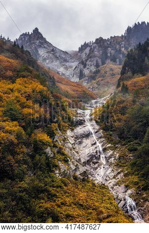 Ayder Plateau Natural Gelintulu Waterfall Surrounded By Autumn Colors Near Rize, Turkey.