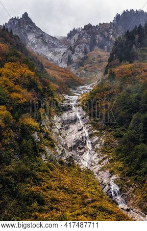 Ayder Plateau Natural Gelintulu Waterfall Surrounded By Autumn Colors Near Rize, Turkey.