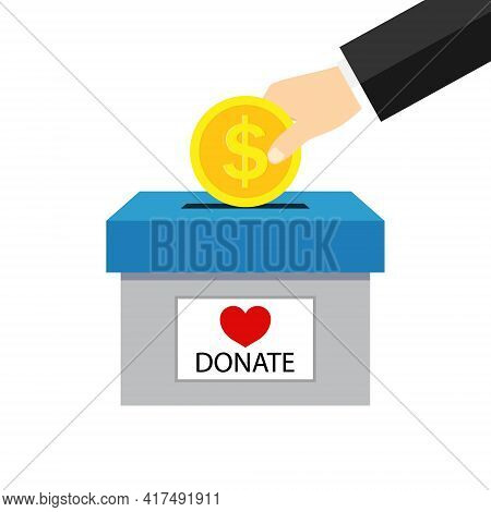 Money Box For Charity Donate. Hand Giving Coin For Charity Help. Campaign Of Fundraising For Donate.