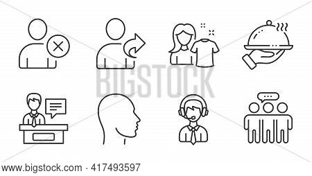 Shipping Support, Delete User And Restaurant Food Line Icons Set. Head, Employees Group And Exhibito