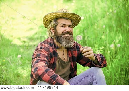 Happy And Carefree Life. Peace Of Mind. Rest And Relax. Make Wish. Peaceful Man In Straw Summer Hat.
