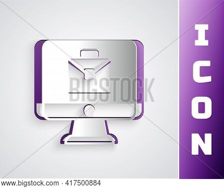 Paper Cut Online Working Icon Isolated On Grey Background. Freelancer Man Working On Laptop At His H