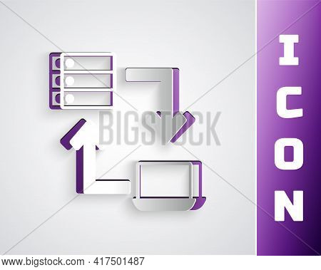 Paper Cut Online Working Icon Isolated On Grey Background. Freelancer Man Working On Laptop At His H
