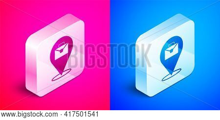 Isometric Online Working Icon Isolated On Pink And Blue Background. Freelancer Man Working On Laptop