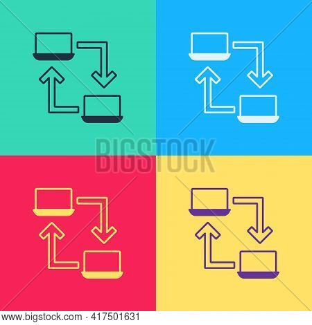 Pop Art Online Working Icon Isolated On Color Background. Freelancer Man Working On Laptop At His Ho