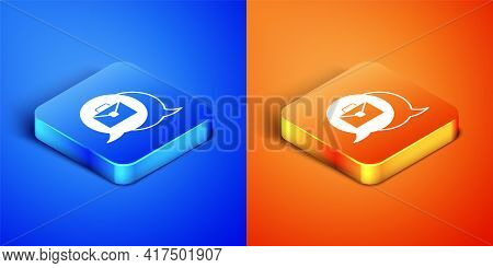 Isometric Online Working Icon Isolated On Blue And Orange Background. Freelancer Man Working On Lapt