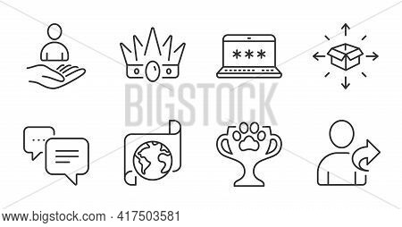 Dots Message, Crown And Winner Cup Line Icons Set. Translation Service, Refer Friend And Recruitment