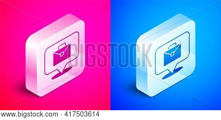 Isometric Online Working Icon Isolated On Pink And Blue Background. Freelancer Man Working On Laptop