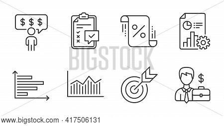 Money Diagram, Loan Percent And Businessman Case Line Icons Set. Horizontal Chart, Employee Benefits