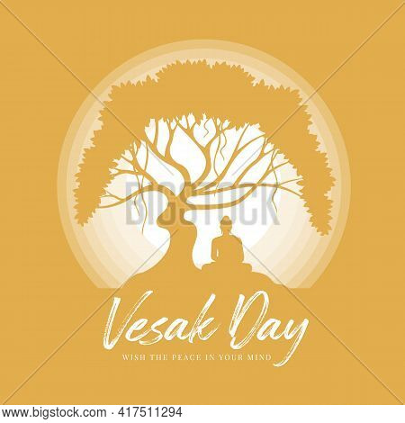Vesak Day With Silhouette The Buddha Meditation Under Bodhi Tree In Circle Light Full Moon Night On 