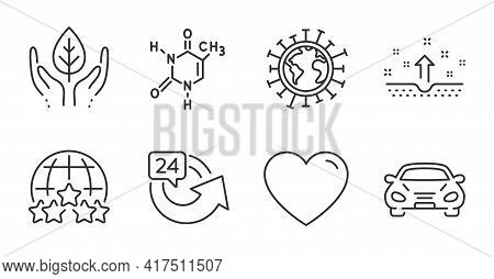 Chemical Formula, Heart And Rating Stars Line Icons Set. Car, 24 Hours And Coronavirus Signs. Clean 