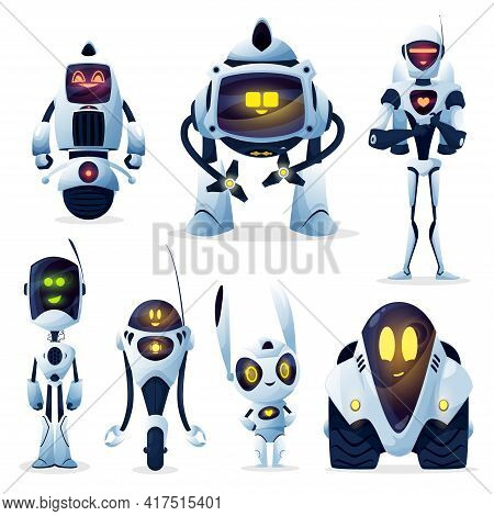 Robots And Android Bots, Cartoon Toy Characters, Vector Ai Cyborgs. Robot Cyborg Machines With Digit