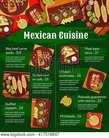 Mexican Cuisine Meals Menu Vector Template. Carne Asada Beef, Meat And Bean Tacos, Michelada Cocktai