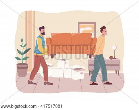 People Moving To New House, Room Interior Design. Vector Loaders Carrying Furniture, Lifting Sofa. V