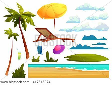 Summer Beach Design Elements Isolated Set Of Cartoon Icons. Vector Sea Or Ocean Waves, Palm Trees An
