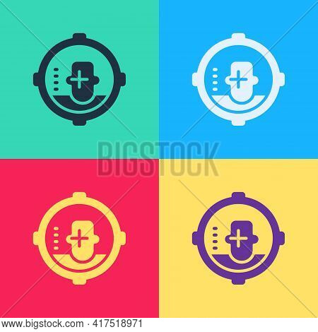 Pop Art Headshot Icon Isolated On Color Background. Sniper And Marksman Is Shooting On The Head Of M