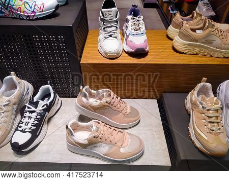 Kiyv, Ukraine - August 30, 2020: Skechers Shoes At The Shop At Shopping Mall. Skechers Is An America