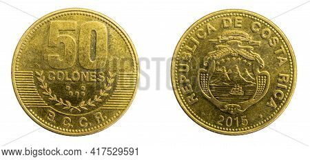 Costa Rica Fifty Colones Coin On A White Isolated Background