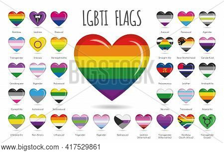 Set Of 34 Heart Shaped Designs With The Lgbtiq, Sexual And Gender Tendencies Pride Flags Vector Illu