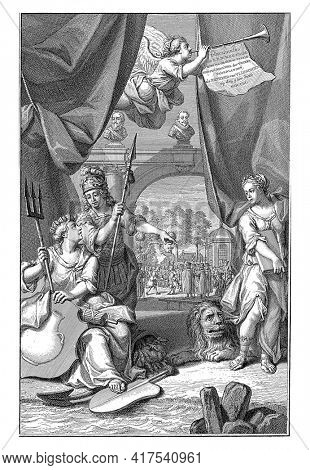 Allegorical title plate offering the keys to the stadholder, vintage engraving.
