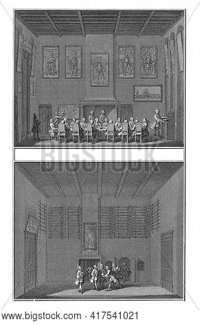 Two depictions of the meal and the viewing of antiques in the town hall of Vlissingen, vintage engraving.