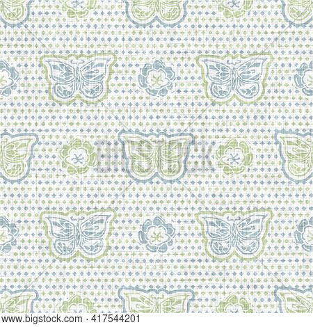 Seamless Linen Butterfly Blockprint Pattern Background. Calm Pale Tonal Pastel Color Wallpaper. Simp