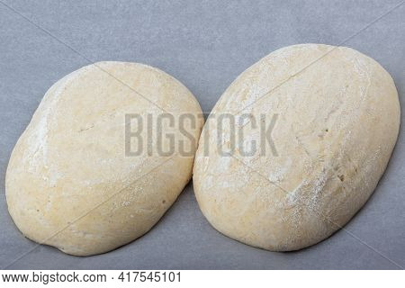 Sourdough Dough Lying On Baking Paper, Whole Wheat Recipe.