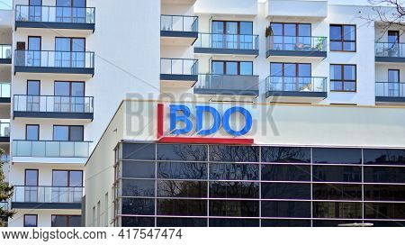 Warsaw, Poland. 19 April 2021. Sign Bdo. Company Signboard Bdo.