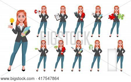 Beautiful Business Woman, Set Of Eleven Poses. Cheerful Businesswoman Cartoon Character, Pretty Lady