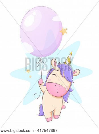 Cute Unicorn Flying On Balloon. Funny Magic Unicorn Cartoon Character. Usable For Print, Invitation 