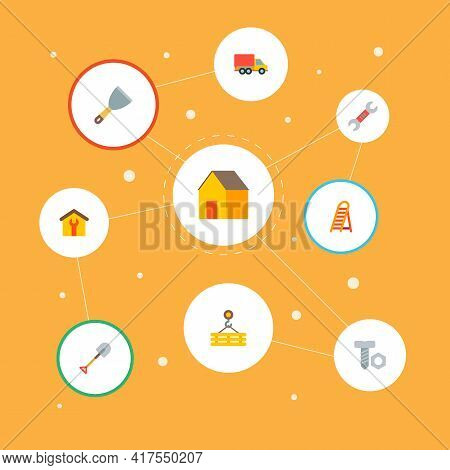 Set Of Industry Icons Flat Style Symbols With Crane Hook, Bolt, Ladder And Other Icons For Your Web 