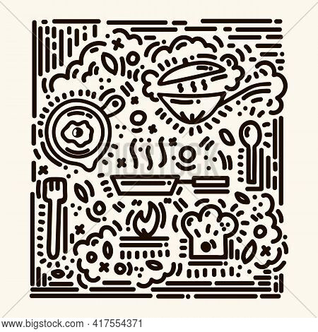 Linear Background Of A Frying Pan Cooking Food. The Concept Of Cooking In A Frying Pan. Grill Patter