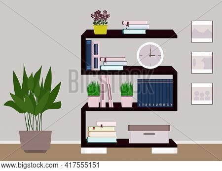 Vector Illustration Of A Room Interior With Shelves, Paintings And A Potted Plant. Books, Watches, B