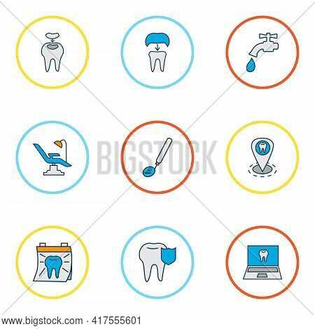 Dental Icons Colored Line Set With Dentist, Stomatology Tool, Carries Defense And Other Alumina Elem