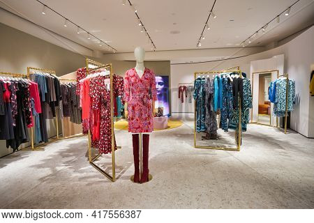 KUALA LUMPUR, MALAYSIA - CIRCA JANUARY, 2020: interior shot of Diane von Furstenberg store at Suria KLCC shopping mall in Kuala Lumpur.