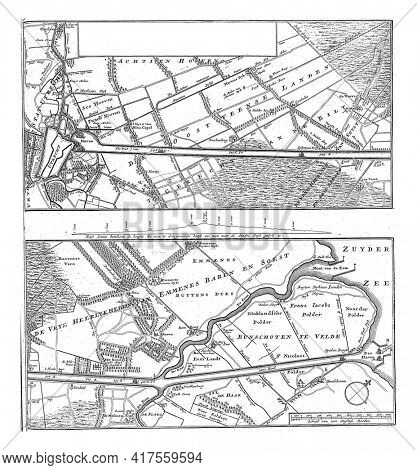 Map of the proposed channel between Utrecht and the Zuiderzee, vintage engraving.