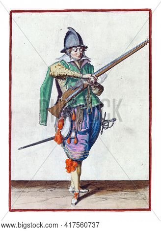 A soldier, full-length, to the right, holding a rudder (a type of firearm) with his left hand. In his left hand, in addition to the rudder, also a burning fuse. He takes this fuse with his right hand
