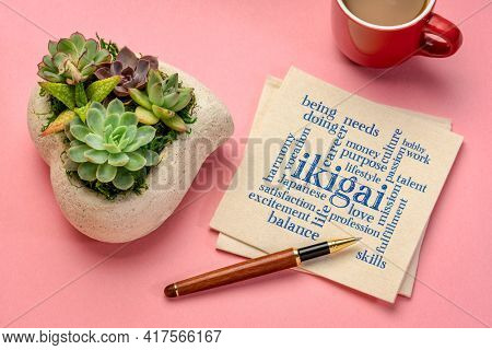 ikigai word cloud - interpretation of Japanese concept  - a reason for being as a balance between love, skills, needs and money - writing on a napkin with a cup of coffee