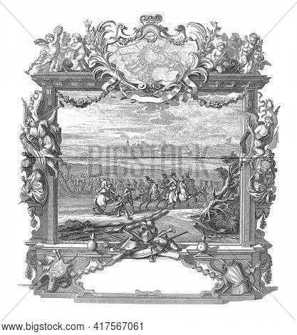 Capture of Menen, 1706, vintage engraving.