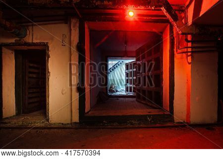 Opened Heavy Steel Armored Hermetic Door In The Soviet Bomb Shelter