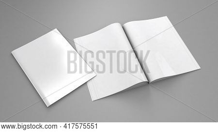 Open Magazine Mockup. Blank Magazine Template For Copy Space. Empty Space In Cover. Grey Background.