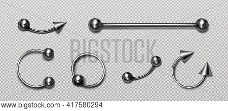 Set Of Piercing Jewelry, Metal Pierce Rings, Barbell With Balls And Cones For Face And Body Decorati